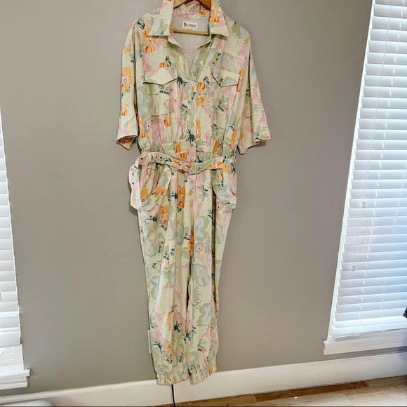 L'atiste by Amy floral print jumpsuit sz 1X green retro print belted - Picture 1 of 8